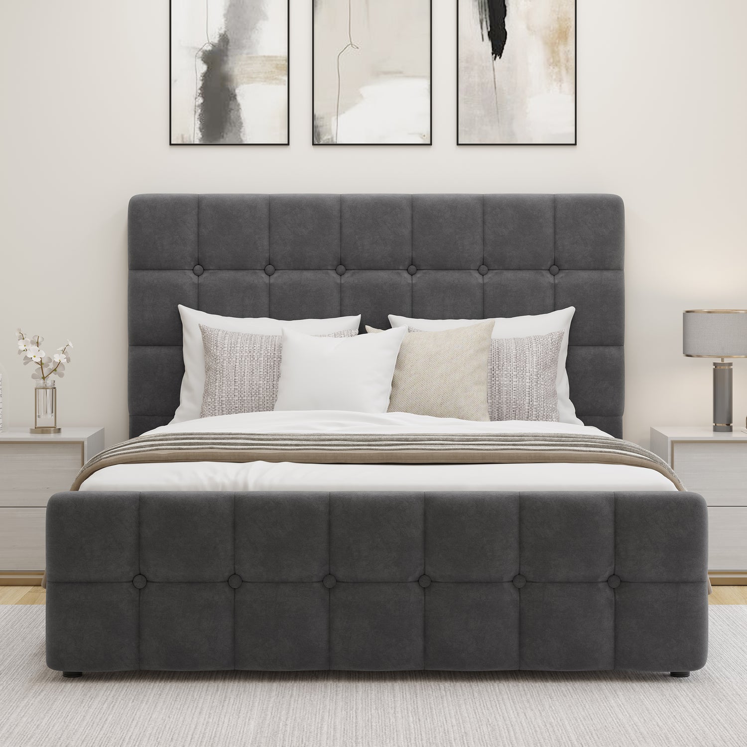 Square Ottoman Storage Bed in dark grey velvet with tufted headboard and footboard. Elegant velvet ottoman bed frame ideal for modern bedrooms.