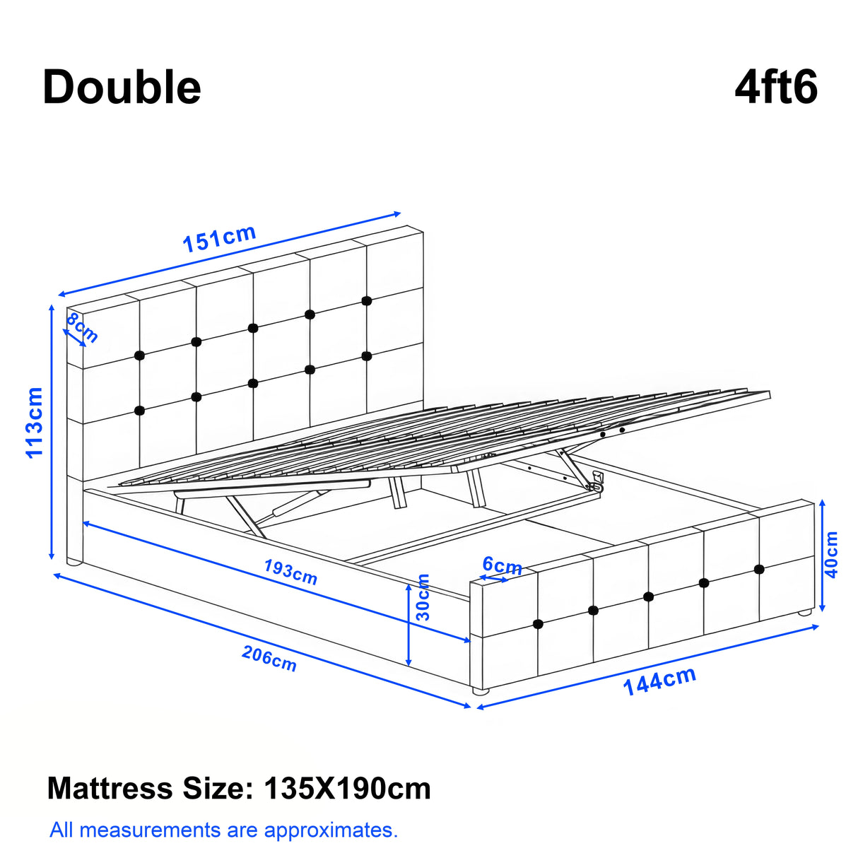 Dimensions of a double bed with mattress size and approximate measurements.