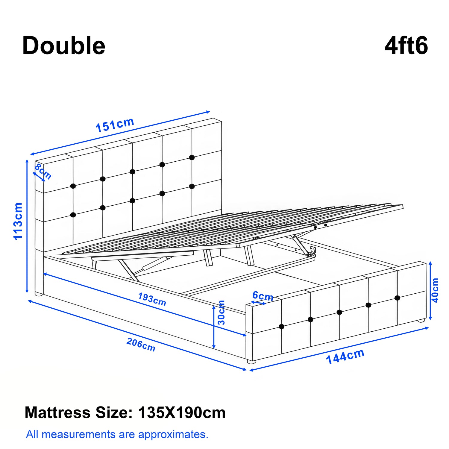 Dimensions of a double bed with mattress size and approximate measurements.