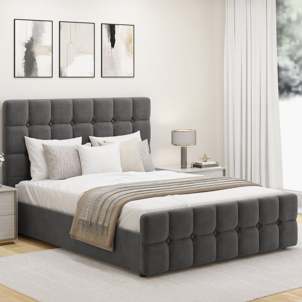 Square Ottoman Storage Bed in grey velvet with tufted headboard and footboard. Elegant velvet ottoman bed frame with hidden under-bed storage.