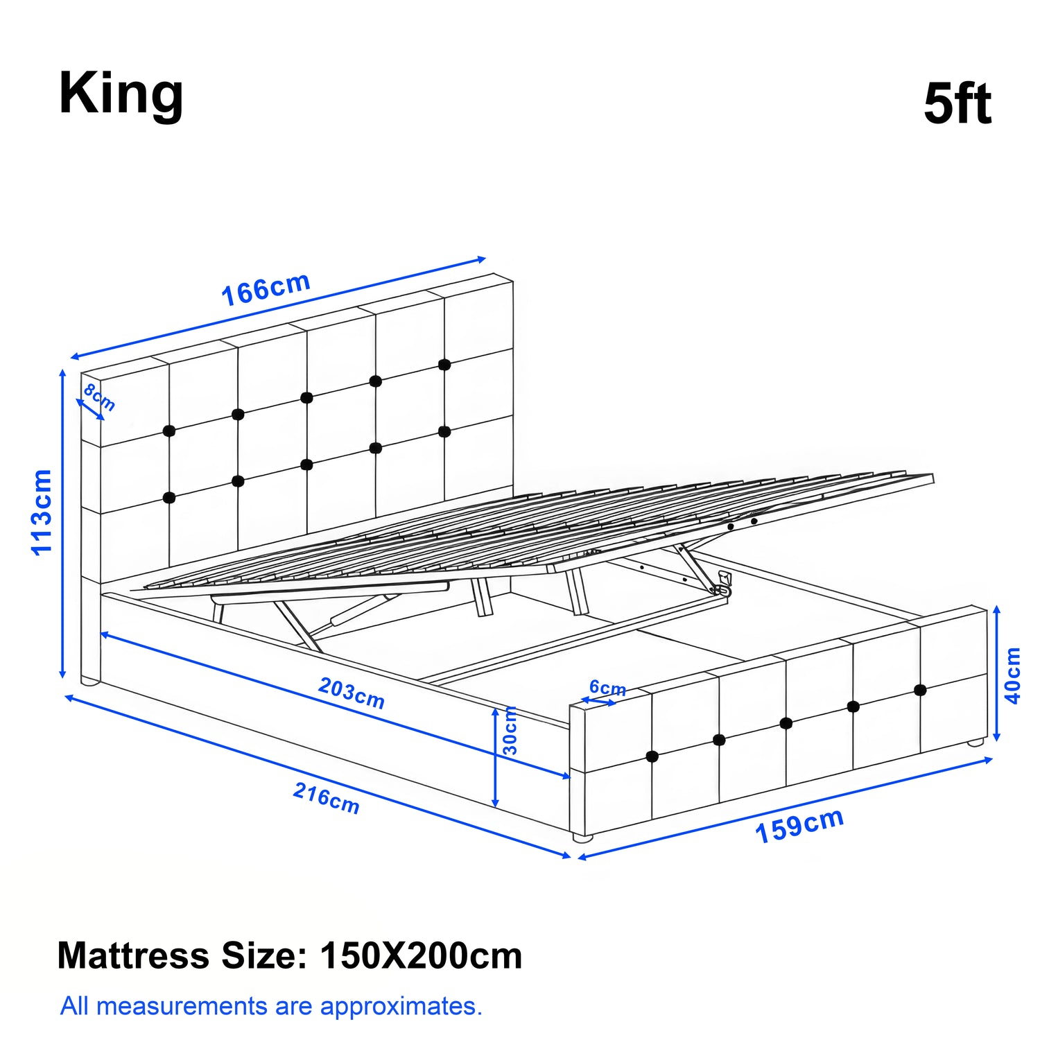 Diagram of a King size bed with dimensions labeled