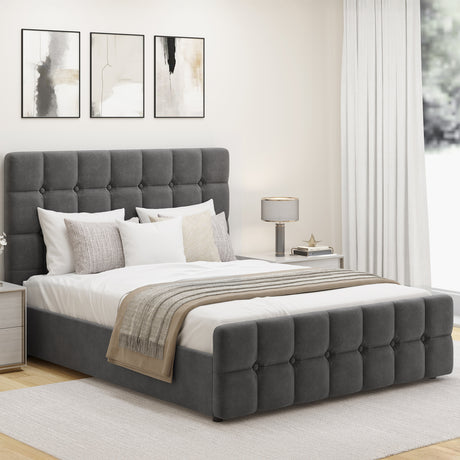 A gray velvet ottoman storage bed with a high headboard featuring a square button design, placed in a room with a light interior.