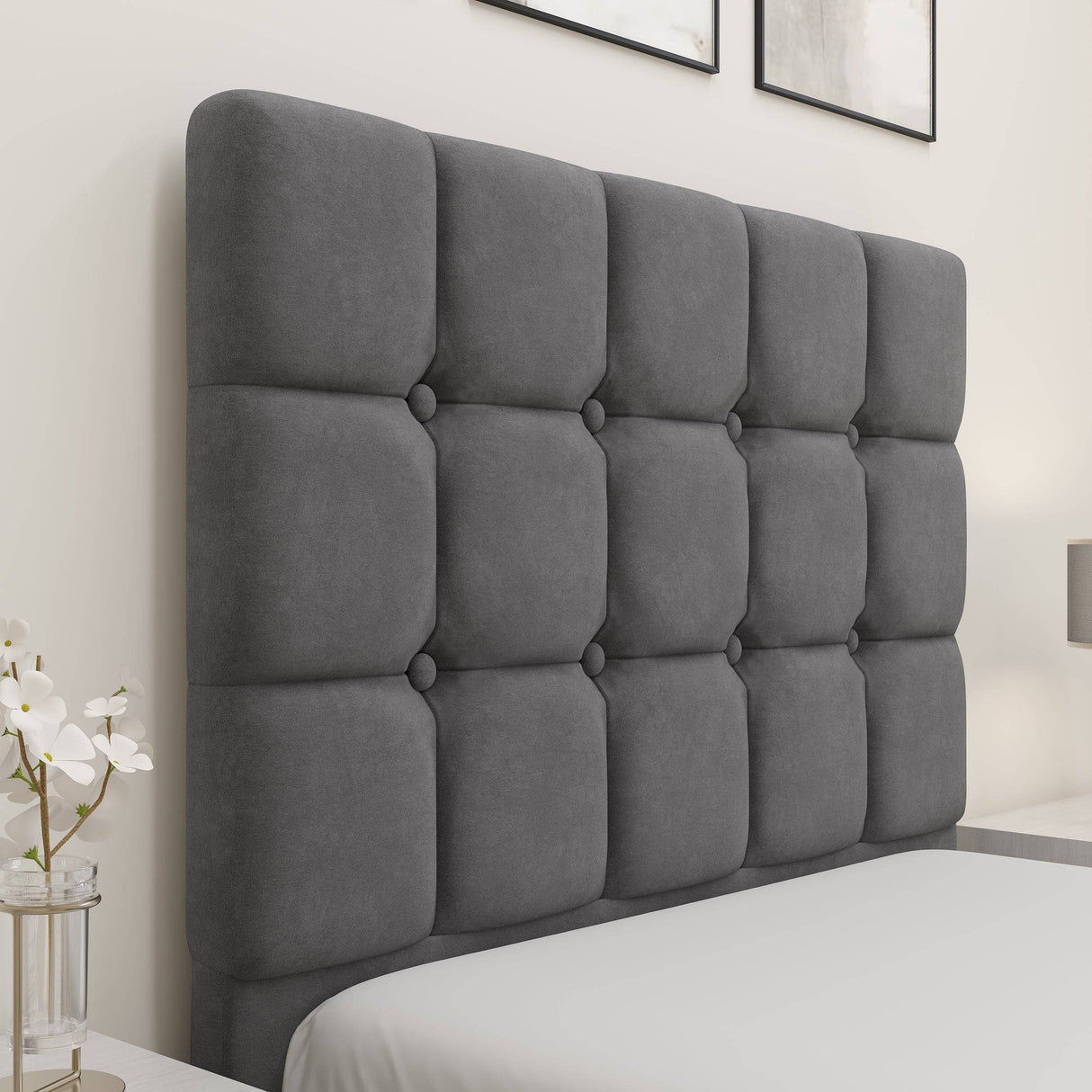Close-up of the high square-patterned headboard in grey velvet, part of the Square Ottoman Storage Bed collection for elegant bedrooms.