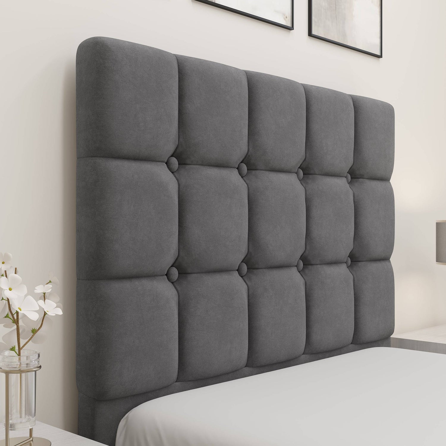 Close-up of the high square-patterned headboard in grey velvet, part of the Square Ottoman Storage Bed collection for elegant bedrooms.