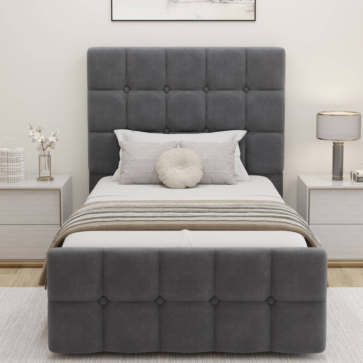 Front view of Square Ottoman Storage Bed in grey velvet, featuring a padded headboard and footboard with button tufting for a stylish look.