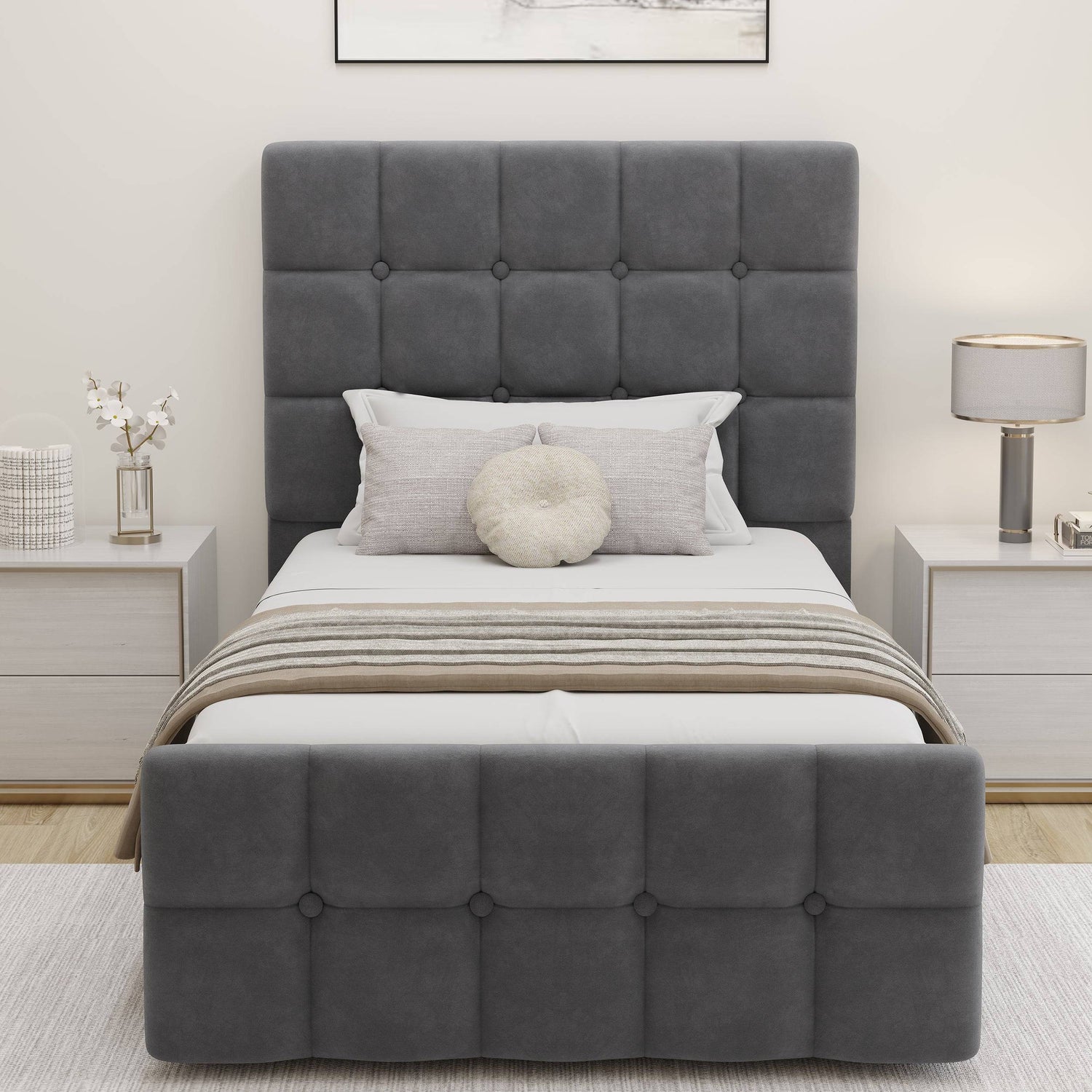 Front view of Square Ottoman Storage Bed in grey velvet, featuring a padded headboard and footboard with button tufting for a stylish look.