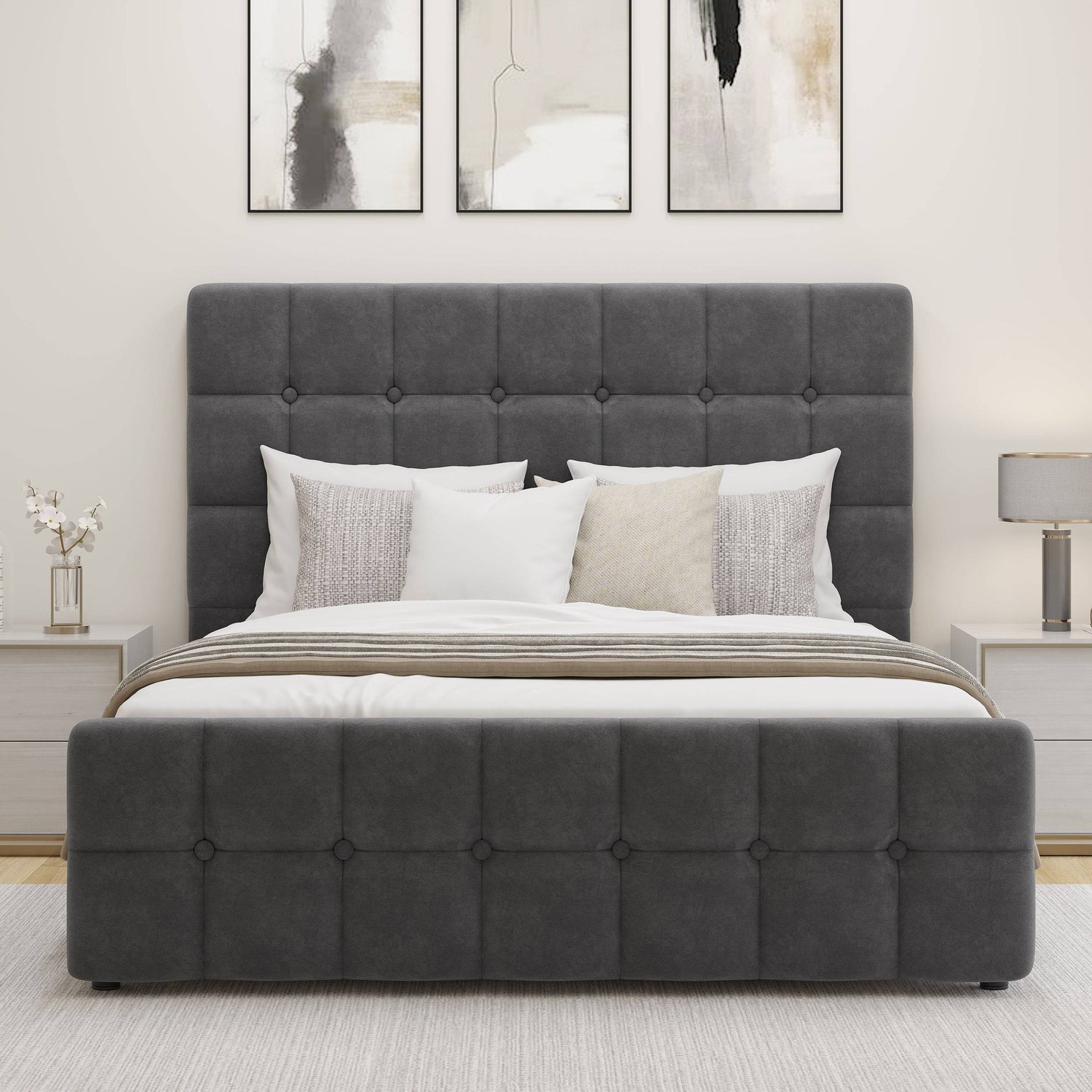 Front view of small double Square Ottoman Storage Bed in grey velvet with button-tufted headboard and footboard.