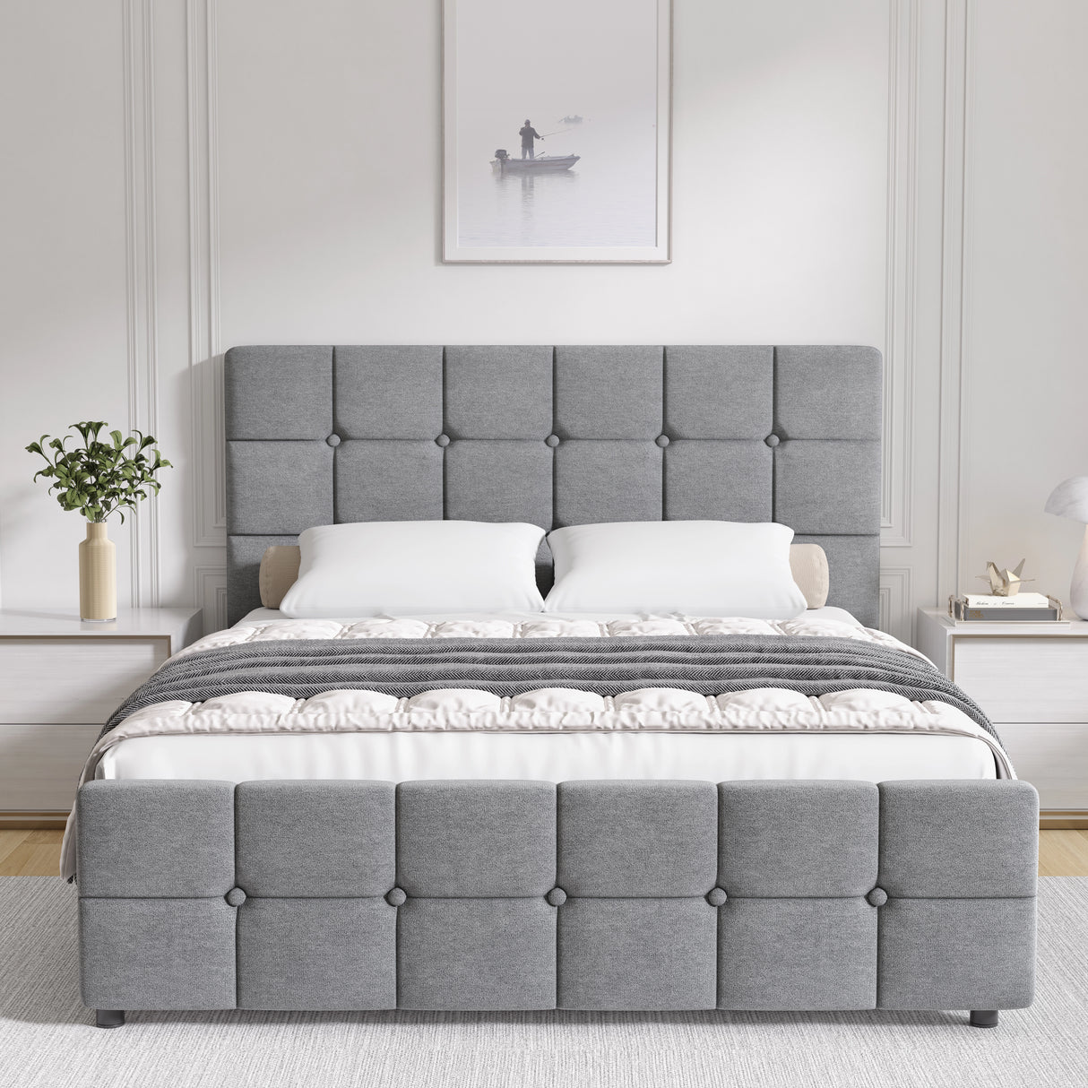 Gray upholstered bed with tufted design in a bedroom setting