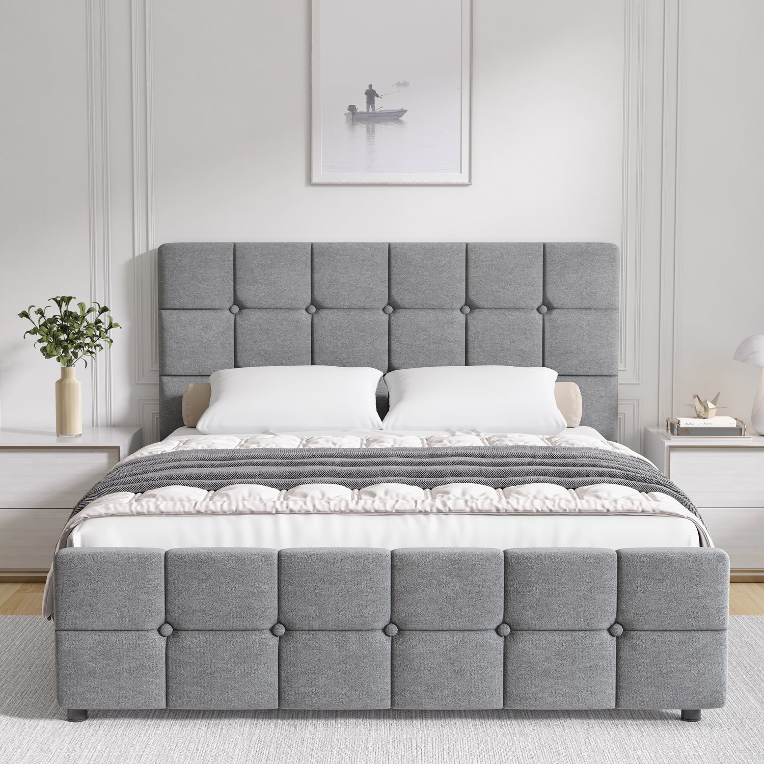 Gray upholstered bed with tufted design in a bedroom setting