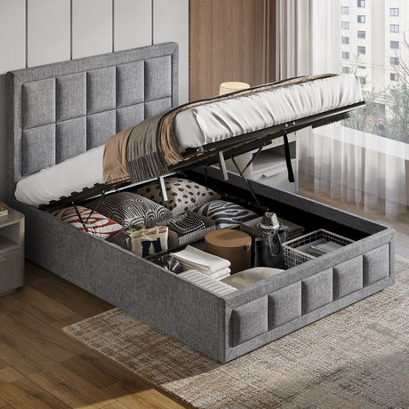 Gray upholstered bed with storage compartment in a bedroom setting