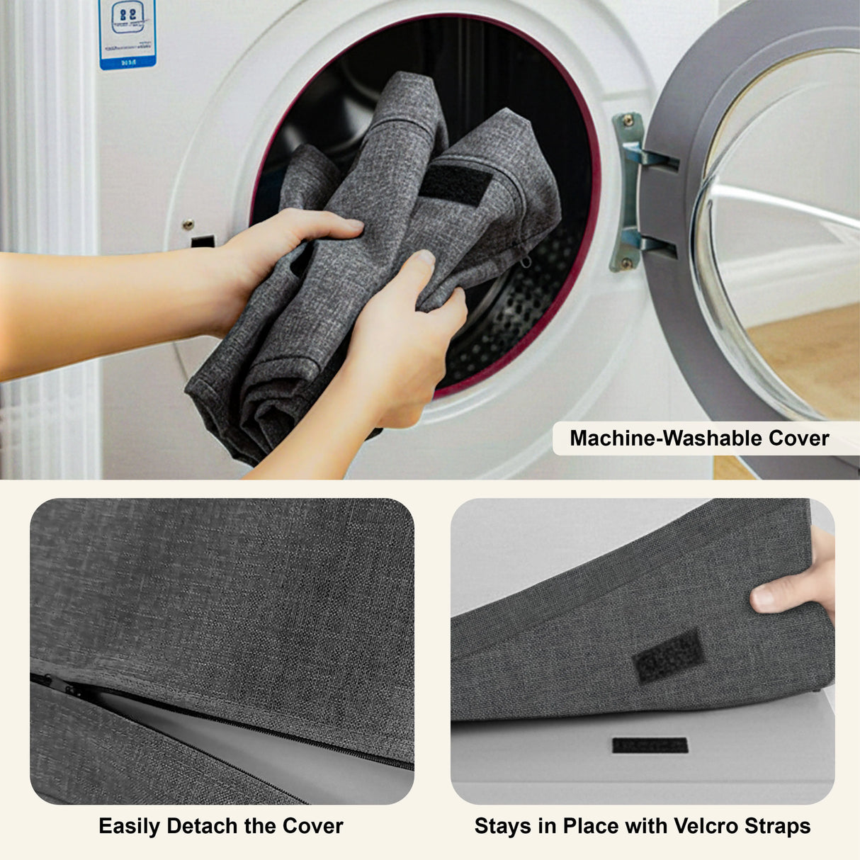 Hallway Shoe Storage Bench With Cushion & Adjustable Shelves features a machine-washable grey fabric cover being removed for cleaning.