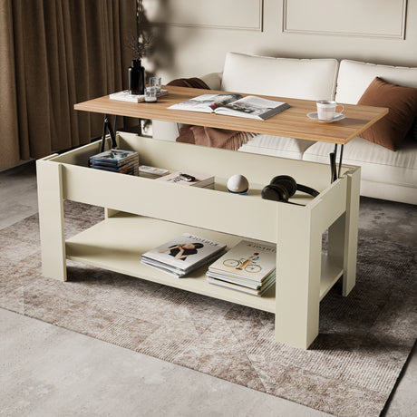 Lift top coffee table with storage in cream finish, 100cm wide, featuring a raised pine tabletop and lower shelf, ideal for modern living rooms.