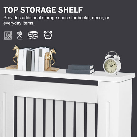 White storage shelf with decorative items on a dark background