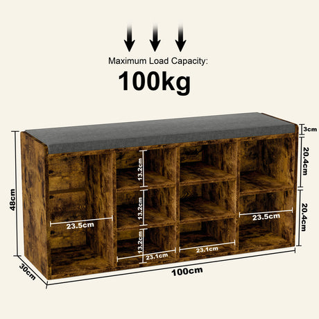Hallway Shoe Storage Bench With Cushion & Adjustable Shelves in rustic wood finish, featuring 9 cubbies and 100kg load capacity. Ideal for entryway organization.