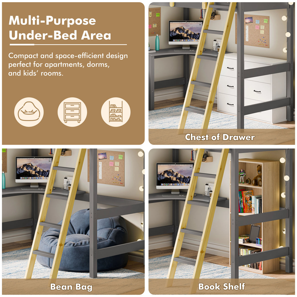Study bunk bed with desk showing multi-purpose under-bed area with desk, drawers, bean bag, and bookshelf.
