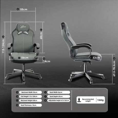 Xstriker Kids Gaming Chair in grey fabric with padded arms, adjustable height, and ergonomic backrest. Ideal small desk chair for home office or study.