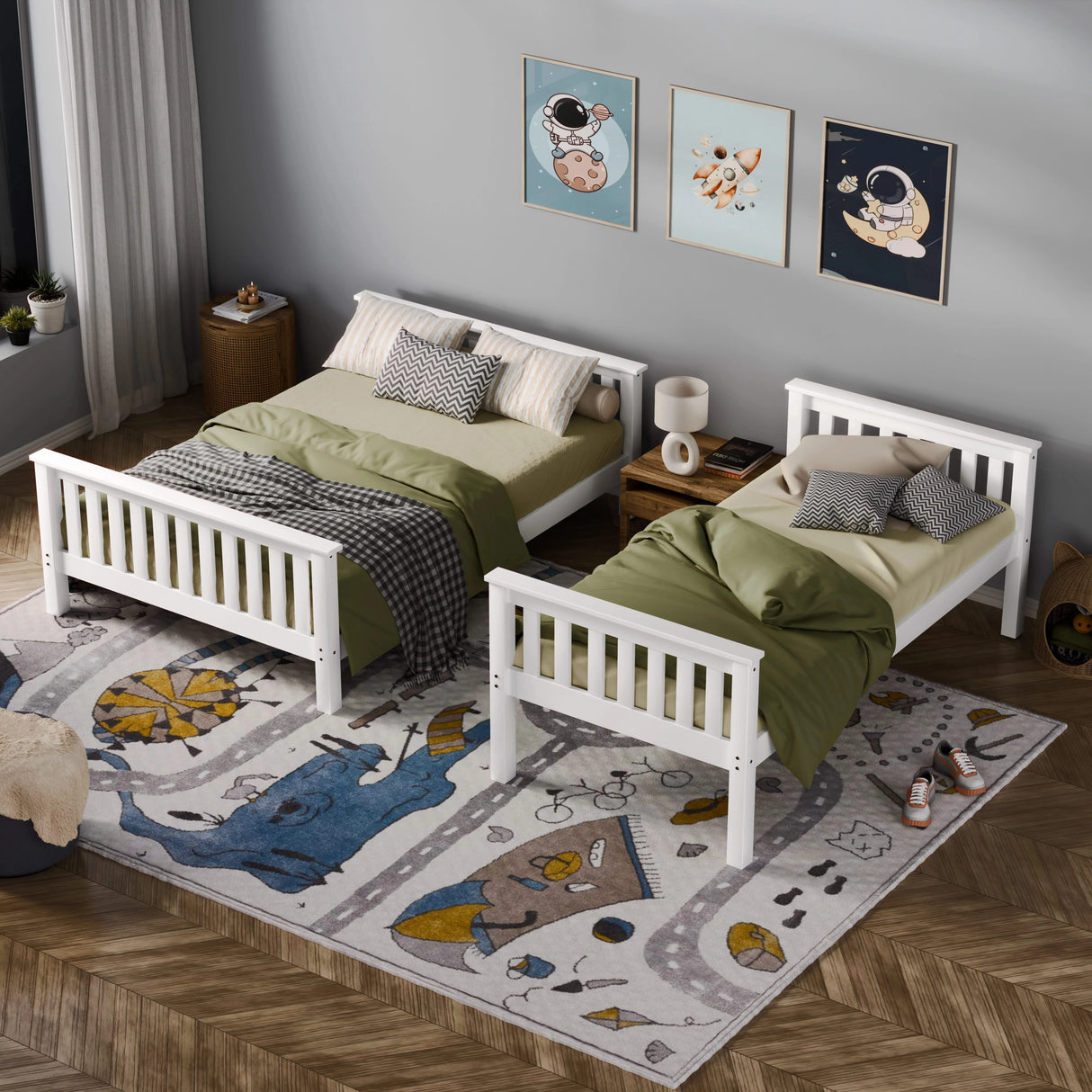 children’s bedroom featuring two white beds with green bedding and a colorful patterned rug on the floor