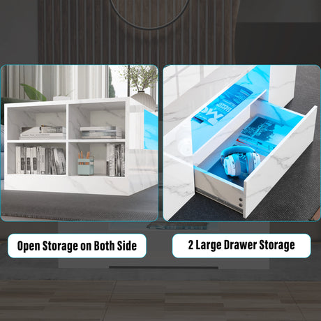 Led Coffee Table with Storage Drawers in high gloss white marble finish featuring open shelves on both sides and two large drawers with LED lighting.