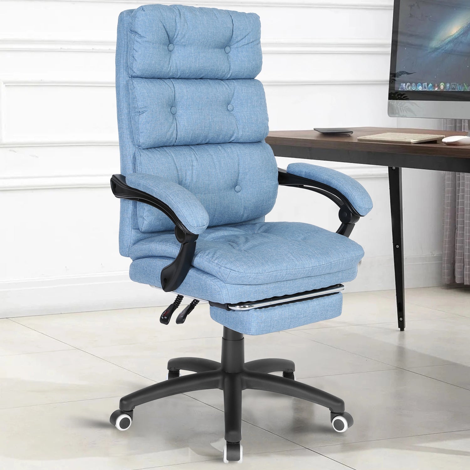 The light blue linen ergonomic desk chair is placed in a modern home office corner, enhancing both comfort and visual appeal.