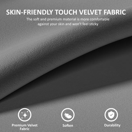 Gray skin-friendly touch velvet fabric with text and icons on a gray background