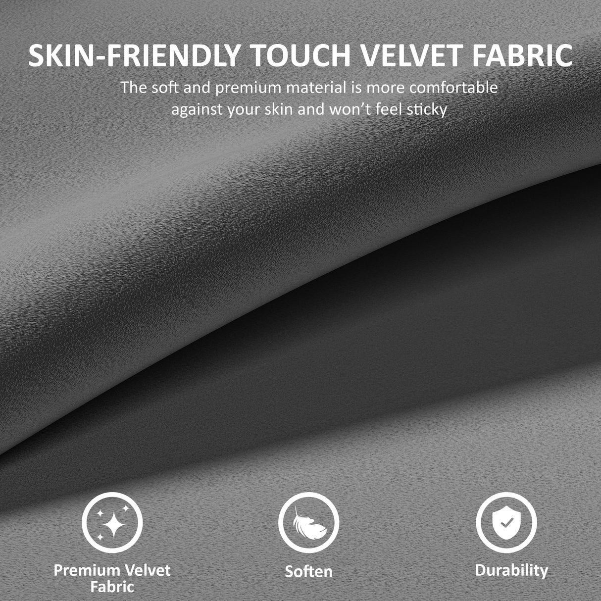 Gray skin-friendly touch velvet fabric with text and icons on a gray background