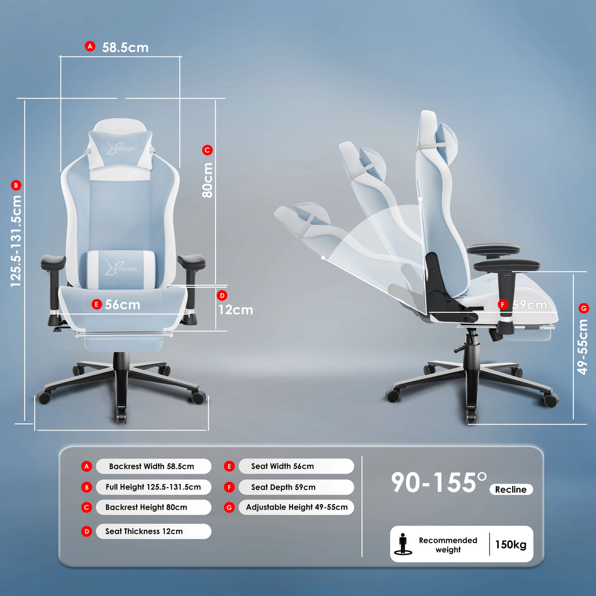 Ergonomic office chair with detailed measurements on a blue background