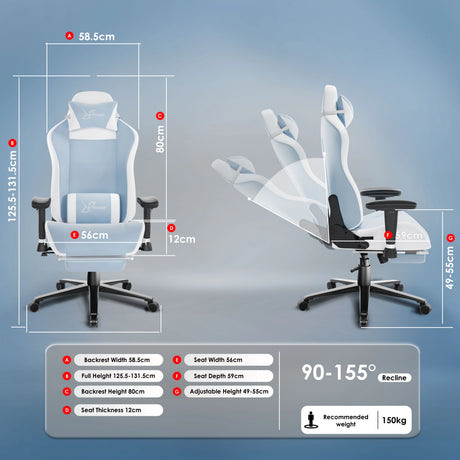 Ergonomic office chair with detailed measurements on a blue background