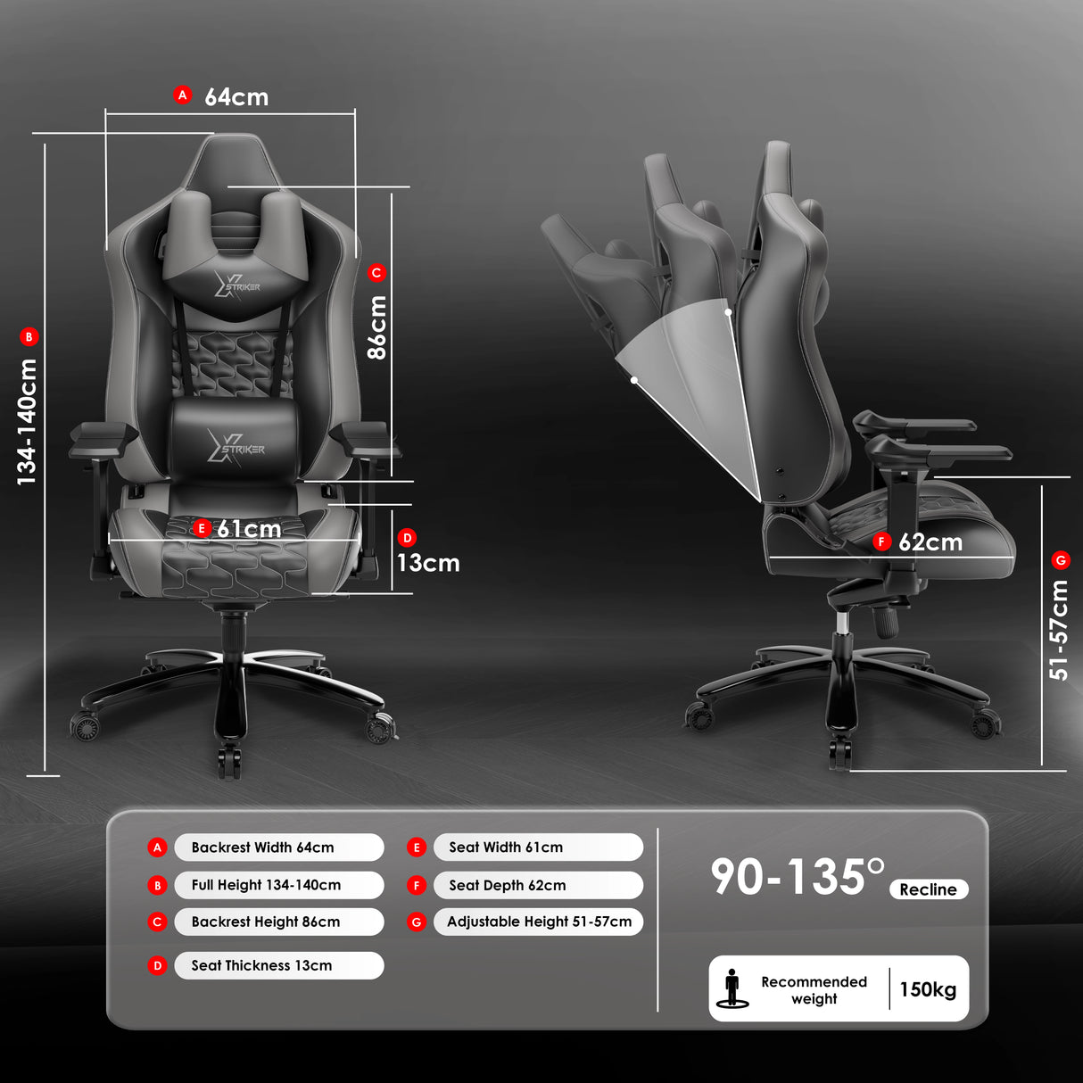 Gaming chair with dimensions and features displayed on a dark background