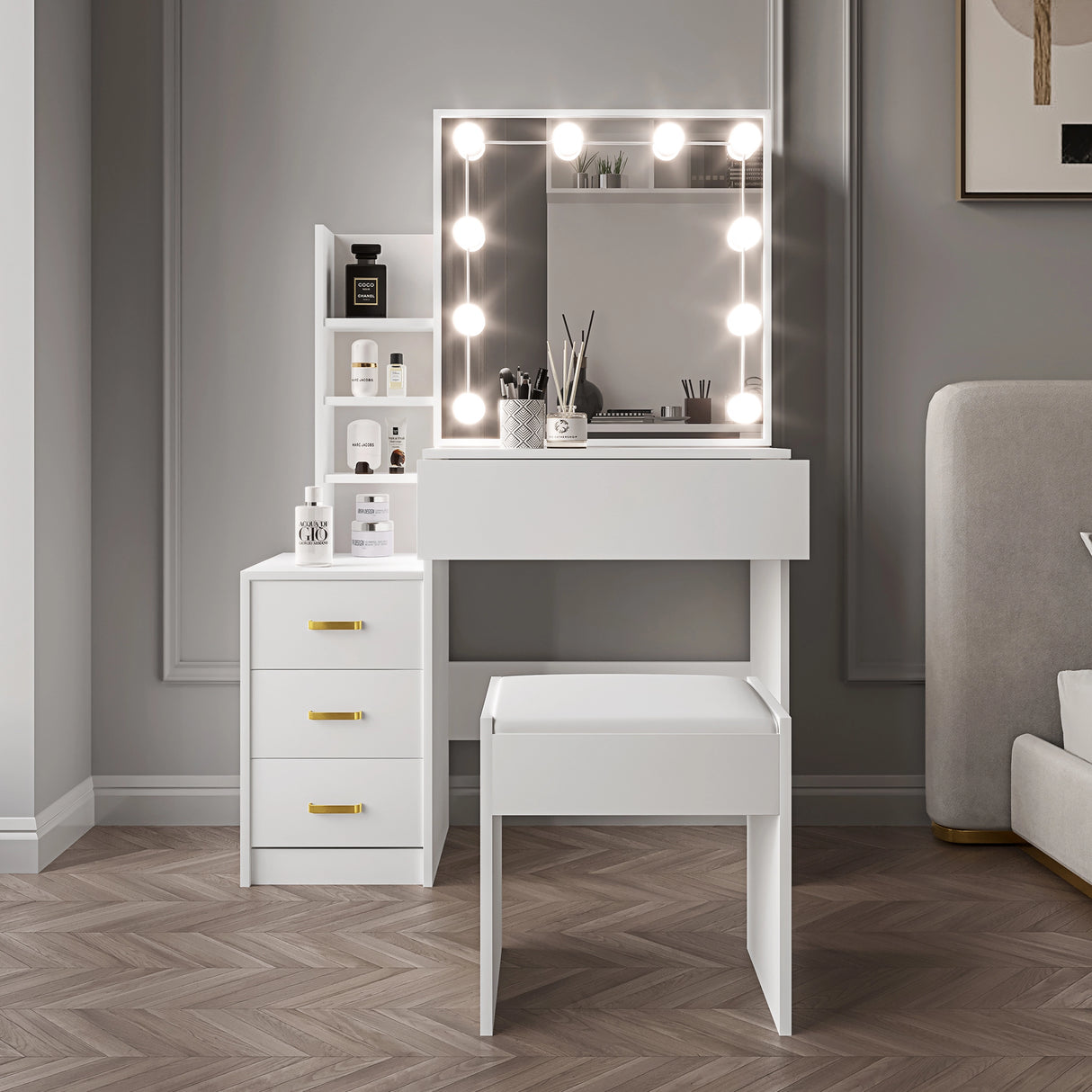 White vanity table with built-in LED light and matching stool placed in a stylish and modern room setting