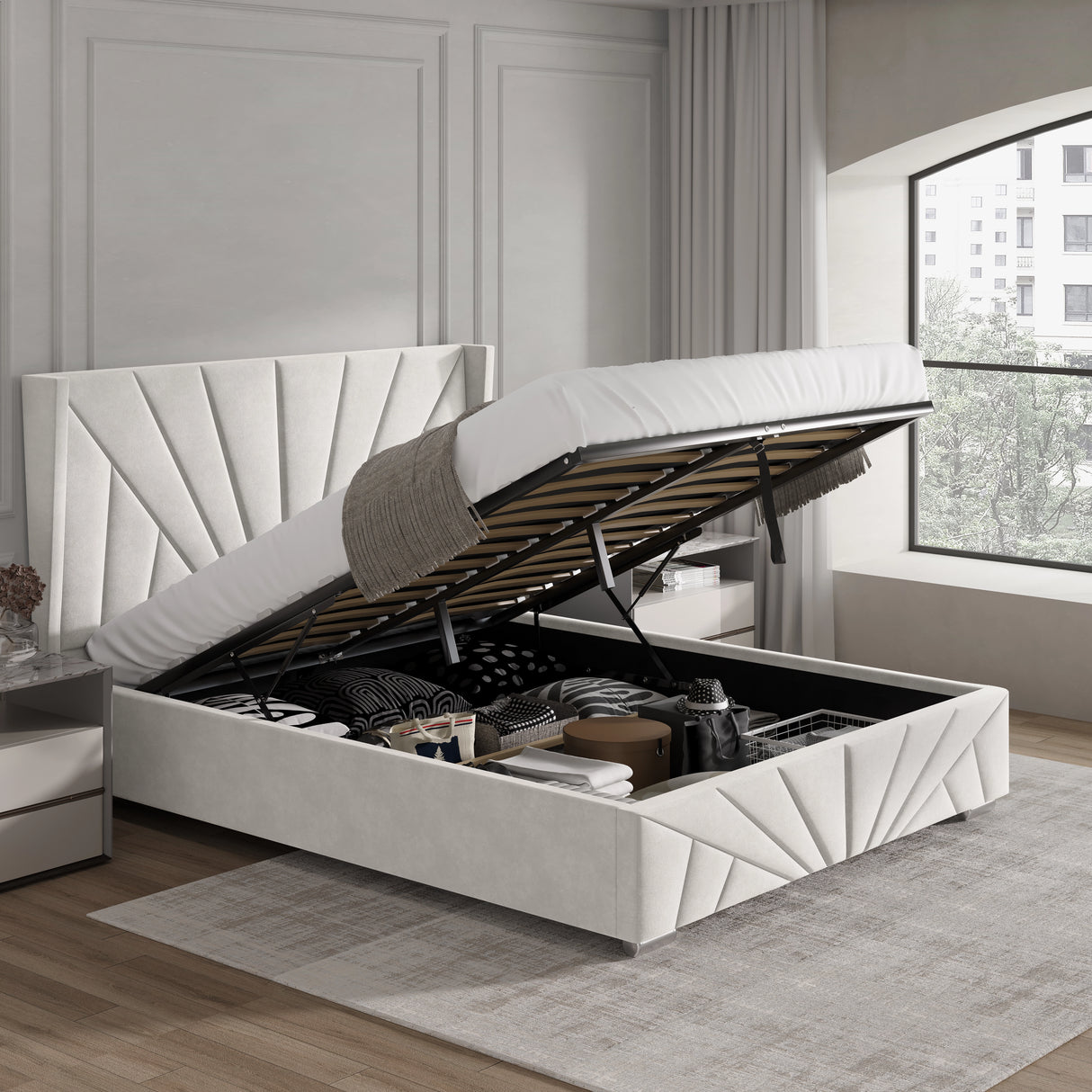 Lifted beige small double Sunrise Ottoman Bed Frame showing deep underbed storage for bedding, clothes, and accessories.