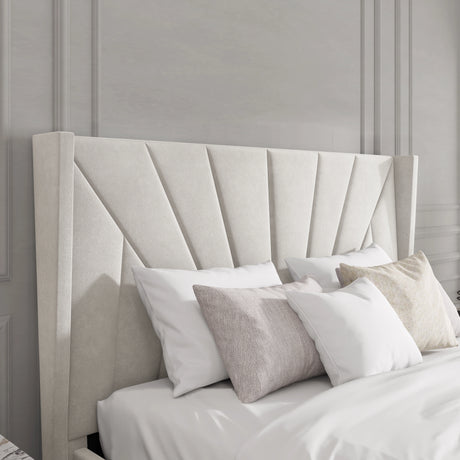 Close-up of beige Sunrise-style headboard on small double Velvet Ottoman Bed, showcasing soft vertical panel detailing.
