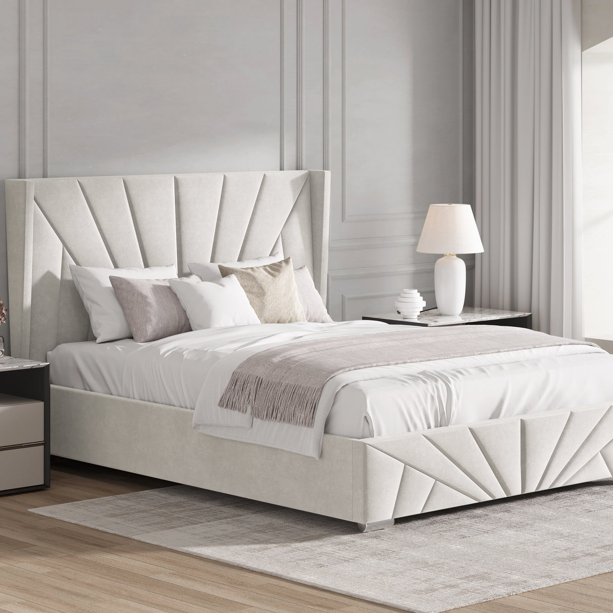 Beige small double Velvet Ottoman Storage Bed with Sunrise headboard, styled in a neutral room for a soft, elegant look.