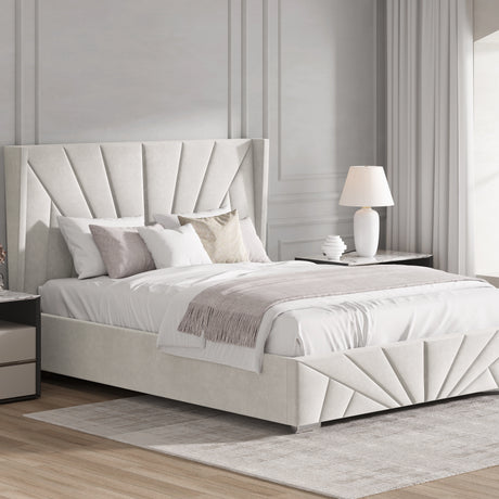 Beige small double Velvet Ottoman Storage Bed with Sunrise headboard, styled in a neutral room for a soft, elegant look.