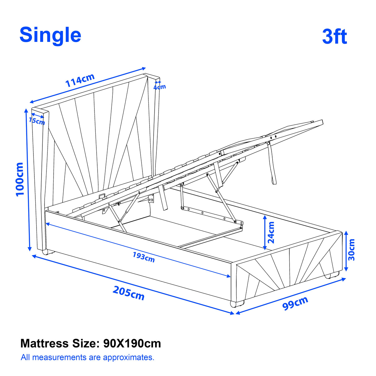 Dimensions of a single 3ft bed frame with mattress size indicated.