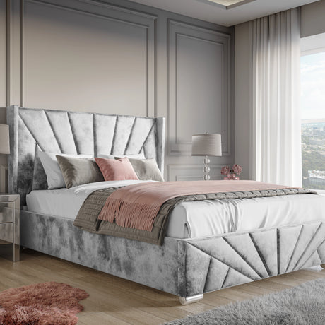 Crushed Velvet Ottoman Storage Bed Silver | Sunrise Bed Frame in a modern bedroom with end lift-up storage and elegant panel headboard design.