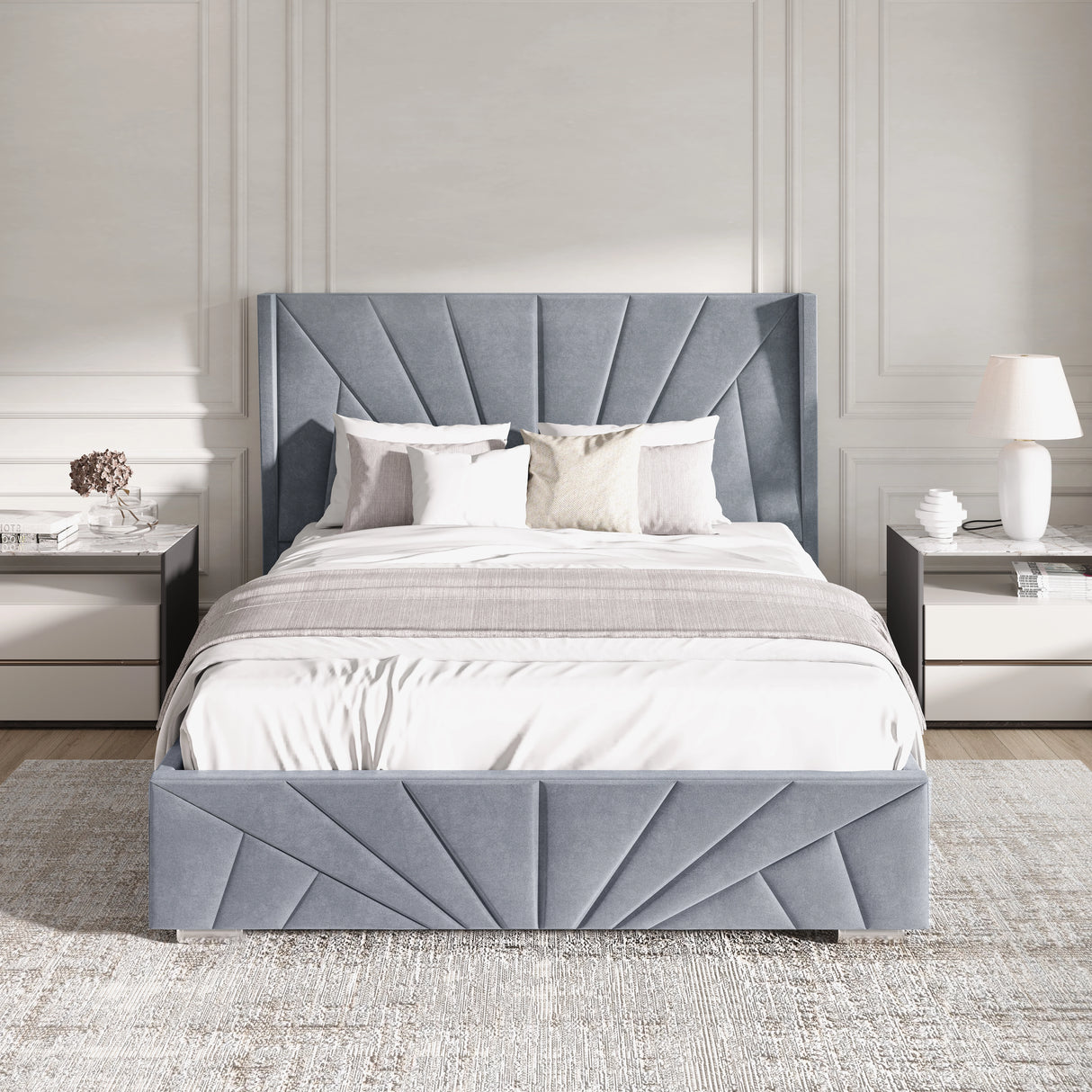 Gray upholstered bed with white bedding in a bedroom setting.