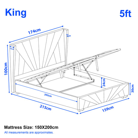 Dimensions of a King size 5ft bed frame with mattress size and approximate measurements.