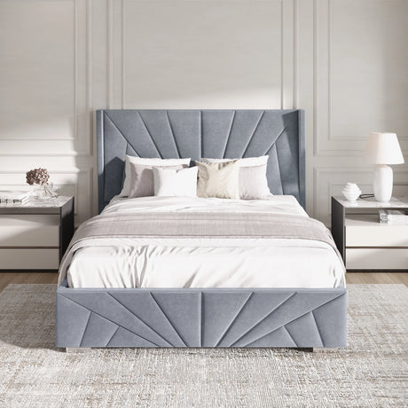 Front view of grey small double Sunrise Ottoman Bed Frame with velvet finish, perfect for stylish and space-saving bedrooms.