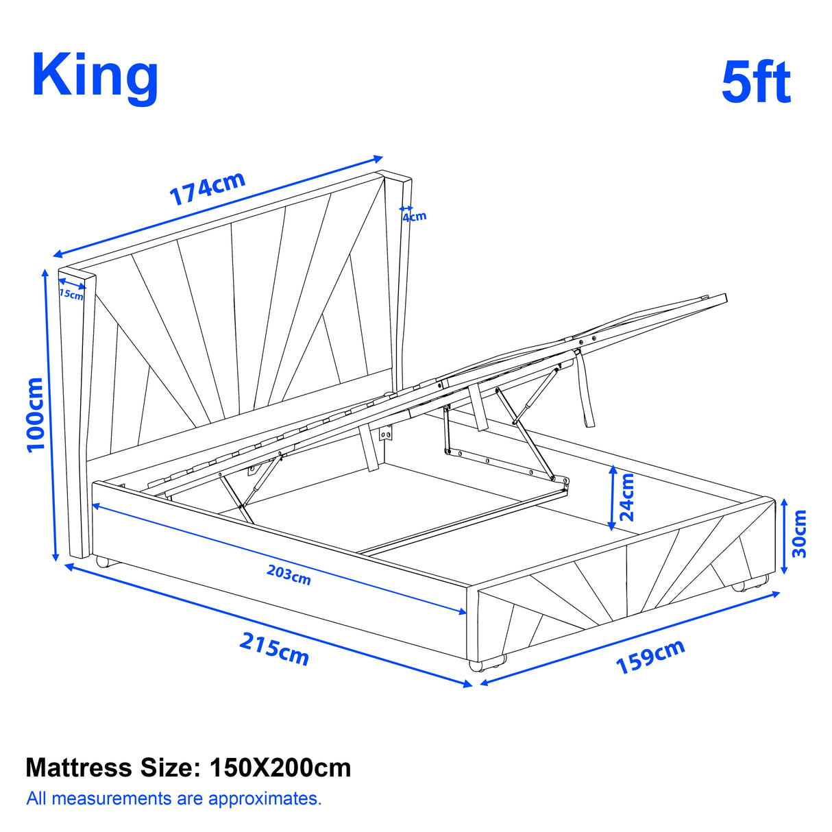 Dimensions of a King size 5ft bed frame with mattress size and approximate measurements.