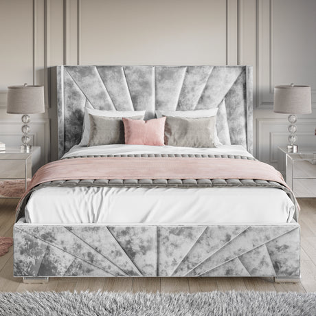 Crushed Velvet Ottoman Storage Bed Silver | Sunrise Bed Frame features a luxurious silver velvet finish with geometric paneling and end lift-up storage.