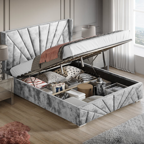 Crushed Velvet Ottoman Storage Bed Silver - Sunrise Bed Frame with end lift-up mechanism, showcasing spacious under-bed storage in a modern bedroom.