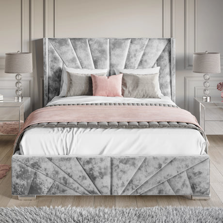 Crushed Velvet Ottoman Storage Bed Silver -Sunrise Bed Frame with end lift-up storage, featuring a sunburst panel design and plush velvet finish.