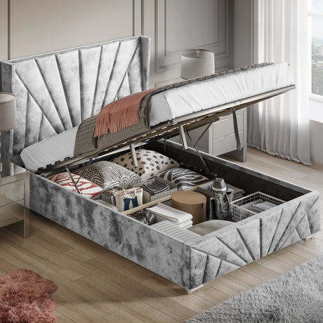 Crushed Velvet Ottoman Storage Bed Silver -Sunrise Bed Frame with end lift-up mechanism, showcasing spacious under-bed storage in a modern bedroom.