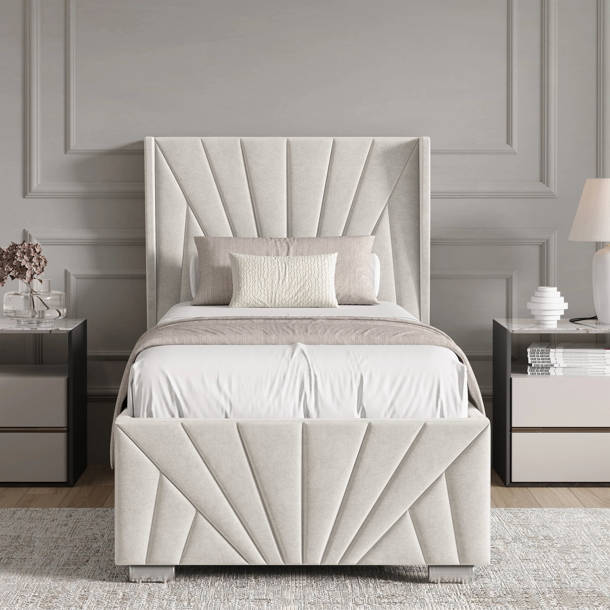 Velvet Ottoman Storage Bed in beige with Sunrise-style panel design, shown in a modern bedroom setup. Features lift-up storage and plush upholstery.