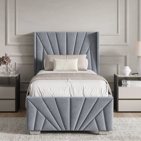 Sunrise-style Velvet Ottoman Storage Bed in grey with vertical panel headboard, single size. Elegant platform bed frame with hidden under-bed storage.