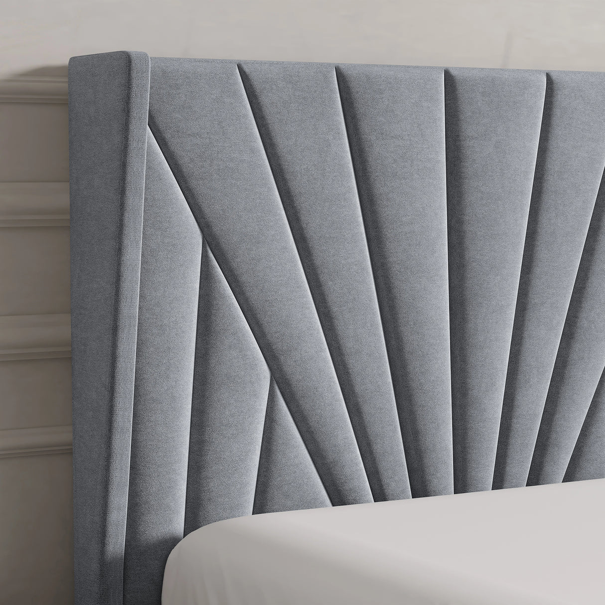 Sunrise-style Velvet Ottoman Bed Frame in grey with vertical panel tufting. Elegant headboard design adds luxury to this storage platform bed.