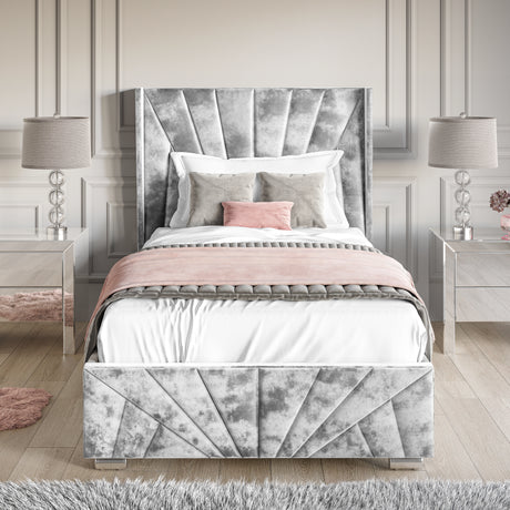 Crushed Velvet Ottoman Storage Bed Silver -Sunrise Bed Frame in single size with end lift-up storage, elegant panel design and plush headboard.