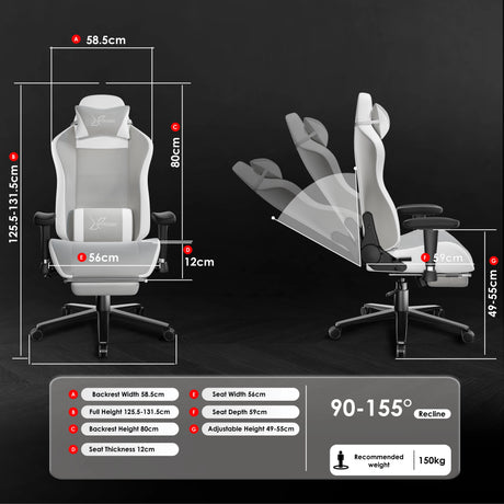 Ergonomic chair with detailed measurements on a black background