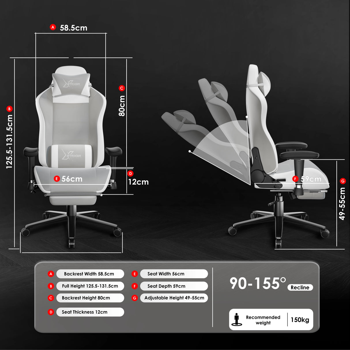 Ergonomic chair with detailed measurements on a black background