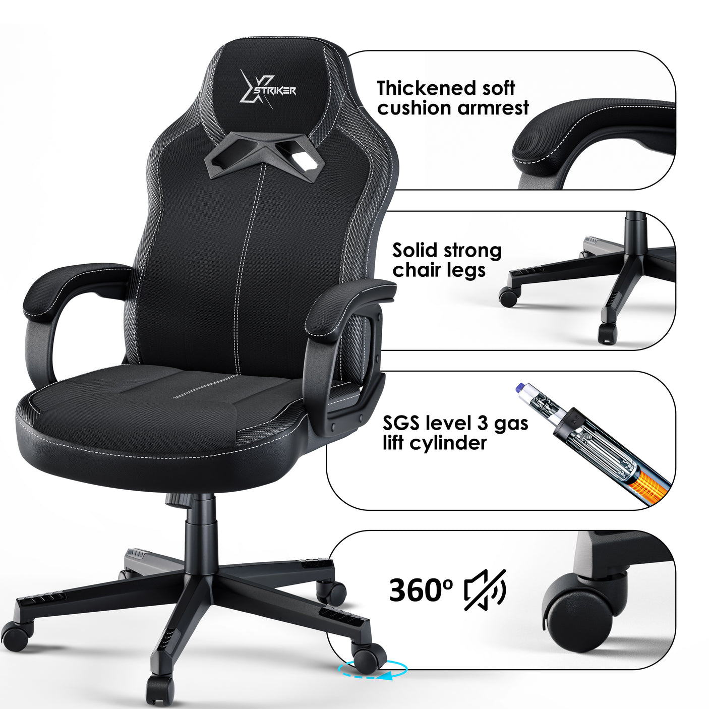 Xstriker Kids Gaming Chair with thick padded armrests, solid chair legs, and SGS level 3 gas lift. Ideal small desk chair for home office or study use.